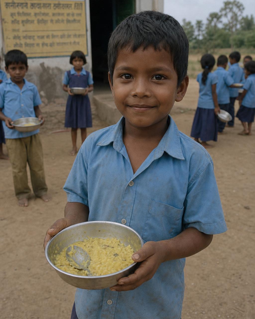Smiling child holding a bowl of food