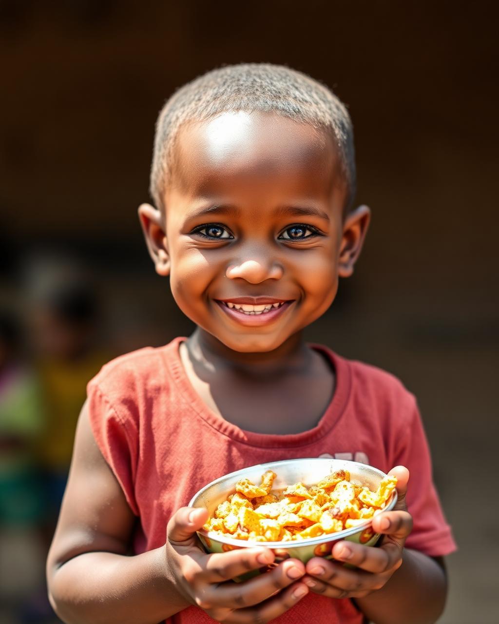 Smiling child holding a bowl of food