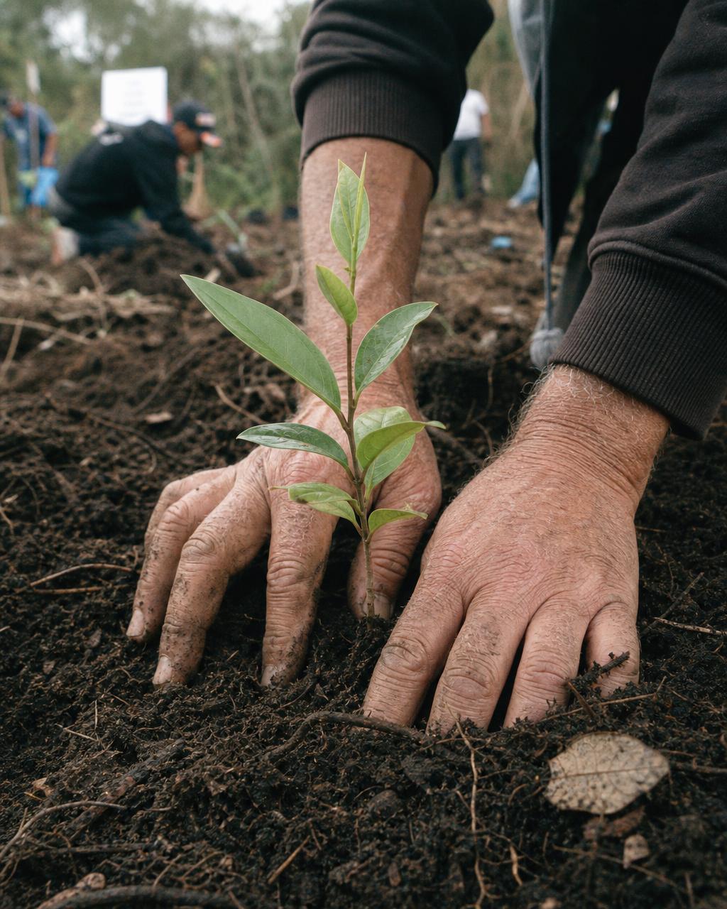 Hands planting a young seedling